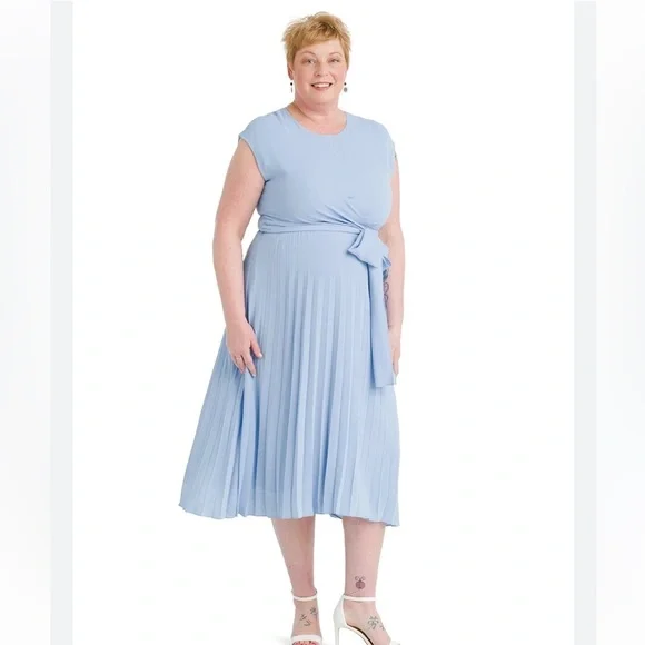 Sky Blue Pleated Faux Wrap Dress Maggie London Size 24-W - Picture 1 of 10
